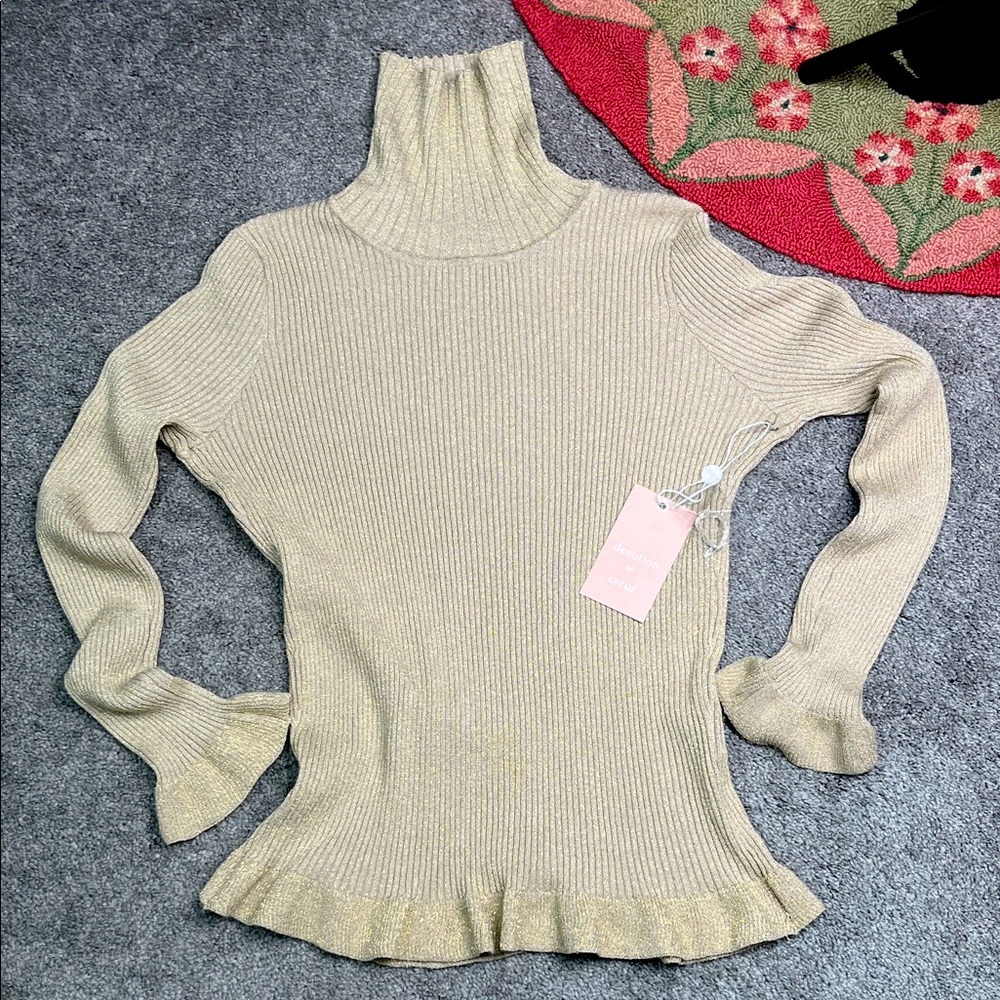 Ribbed Gold Metallic Turtleneck Sweater with Ruffle Hem NWT Size Large